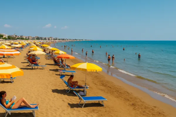  dovolenkári na lehátkach a vo vode na pláži v Lido di Jesolo si užívajú slnečný deň