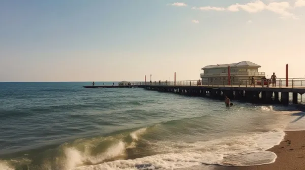  Mólo s budovou vyčnievajúce do mora v letovisku Lido di Jesolo, s vlnami a piesočnou plážou pri západe slnka