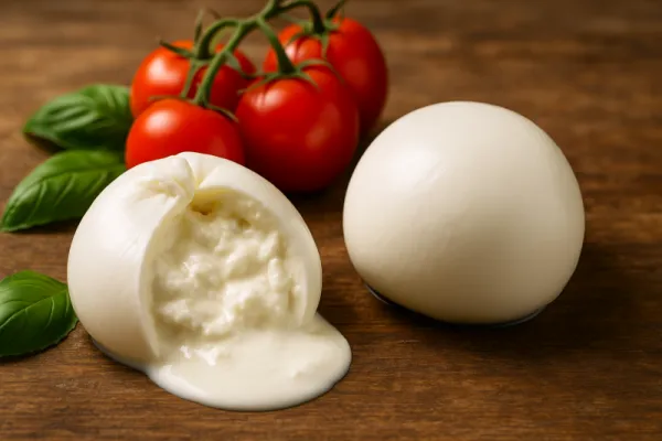  Čerstvá burrata s tekutým krémovým vnútrom vedľa gule mozzarelly, doplnené o strapec paradajok a lístky bazalky