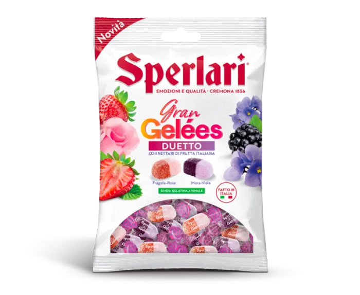 Sperlari želé cukríky s príchuťou jahoda–ruža a černica–fialka 150g
