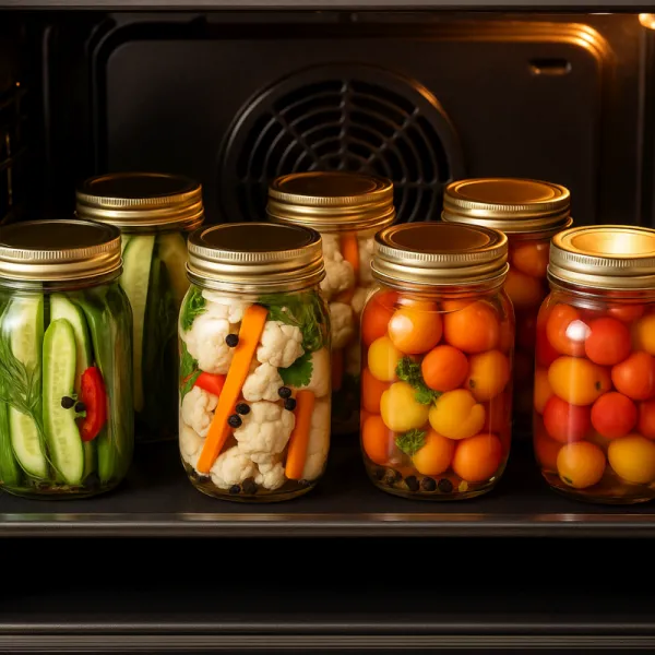  Zaváraninové poháre plnené zeleninou a ovocím uložené na plechu v rúre pripravené na sterilizáciu
