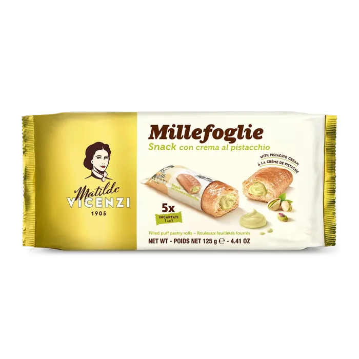 Matilde Vicenzi Millefoglie rolky z lístkového cesta s pistáciovým krémom 125g Matilde Vicenzi Millefoglie rolky z lístkového cesta s pistáciovým krémom 125g