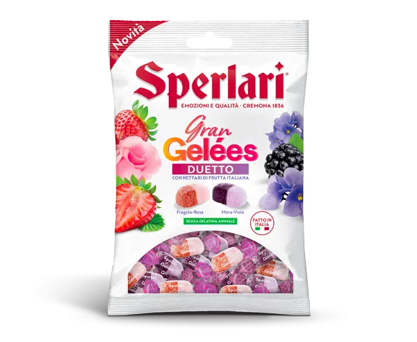 Sperlari želé cukríky s príchuťou jahoda–ruža a černica–fialka 150g