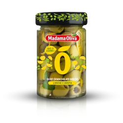 Madama Oliva grécke zelené olivy bez kôstky  s citrónom a mätou  v slanom náleve 300g thumbnail-1