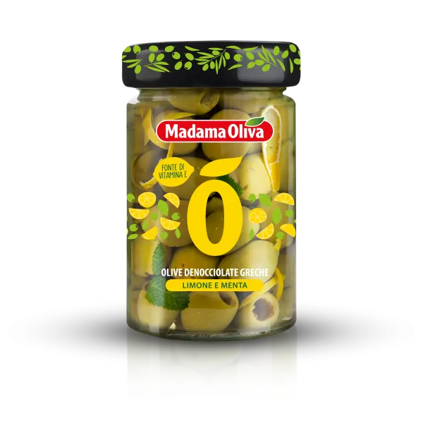 Madama Oliva zelené olivy bez kôstky s citrónom a mätou v slanom náleve 300g