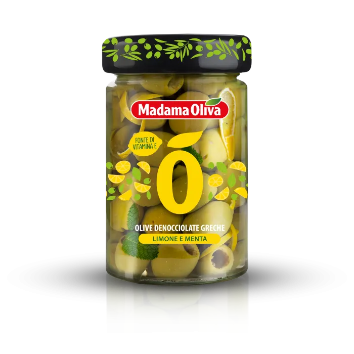 Madama Oliva grécke zelené olivy bez kôstky  s citrónom a mätou  v slanom náleve 300g