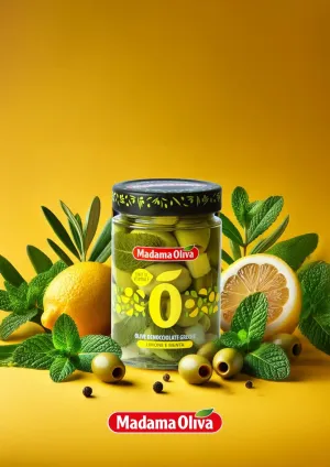 Madama Oliva zelené olivy bez kôstky s citrónom a mätou v slanom náleve 300g