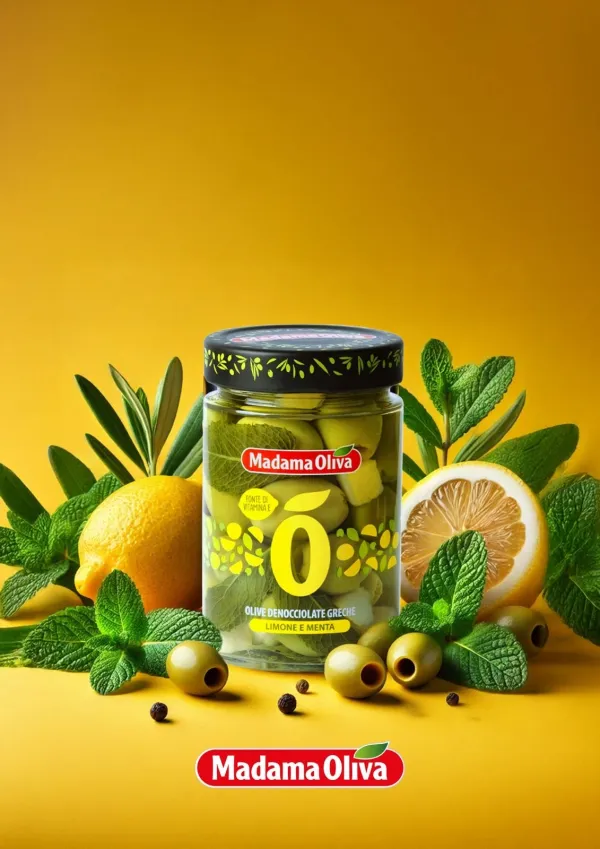 Madama Oliva zelené olivy bez kôstky s citrónom a mätou v slanom náleve 300g