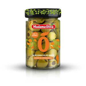 Madama Oliva zelené olivy bez kôstky s pomarančom a rozmarínom v slanom náleve 300g