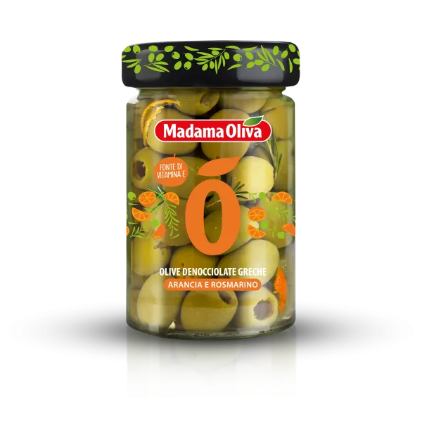 Madama Oliva zelené olivy bez kôstky s pomarančom a rozmarínom v slanom náleve 300g