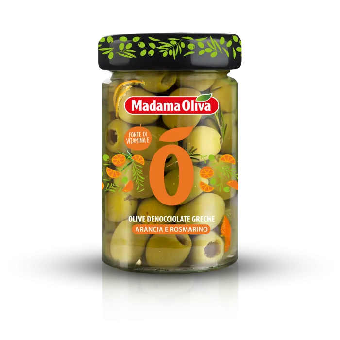 Madama Oliva zelené olivy bez kôstky s pomarančom a rozmarínom v slanom náleve 300g