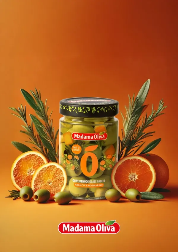 Madama Oliva zelené olivy bez kôstky s pomarančom a rozmarínom v slanom náleve 300g