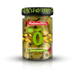 Madama Oliva zelené olivy bez kôstky s citrónom a čili papričkou v slanom náleve 300g thumbnail-1