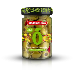Madama Oliva zelené olivy bez kôstky s citrónom a čili papričkou v slanom náleve 300g