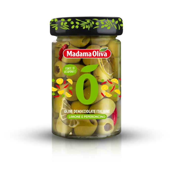 Madama Oliva zelené olivy bez kôstky s citrónom a čili papričkou v slanom náleve 300g