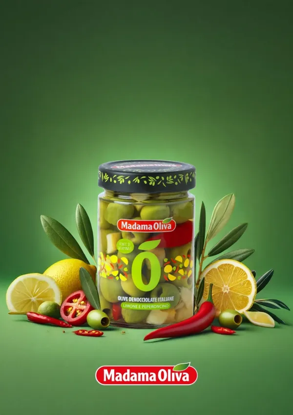 Madama Oliva zelené olivy bez kôstky s citrónom a čili papričkou v slanom náleve 300g