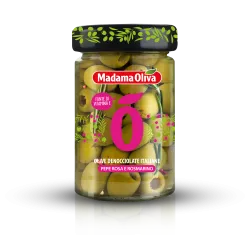 Madama Oliva zelené olivy bez kôstky s ružovým korením a rozmarínom v slanom náleve 300g thumbnail-1