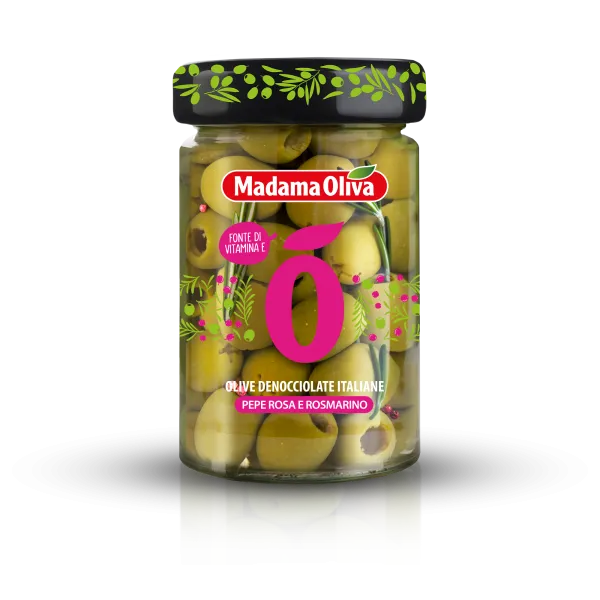 Madama Oliva zelené olivy bez kôstky s ružovým korením a rozmarínom v slanom náleve 300g