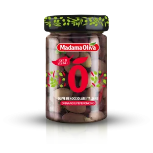 Madama Oliva čierne olivy bez kôstky s oreganom a čili papričkou v slanom náleve 300g