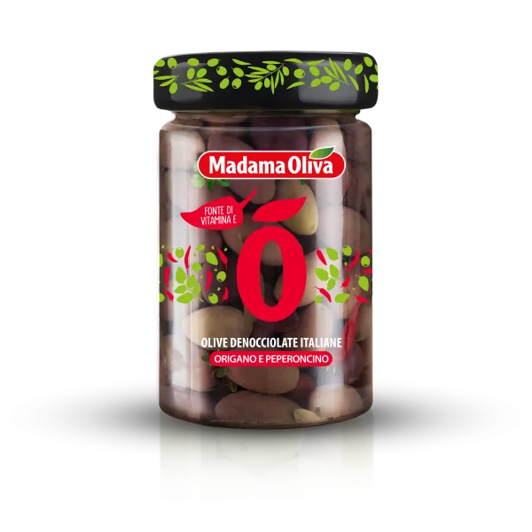 Madama Oliva čierne olivy bez kôstky s oreganom a čili papričkou v slanom náleve 300g