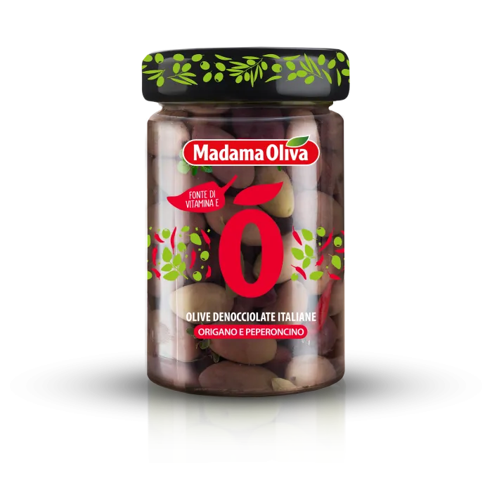 Madama Oliva čierne olivy bez kôstky s oreganom a čili papričkou v slanom náleve 300g