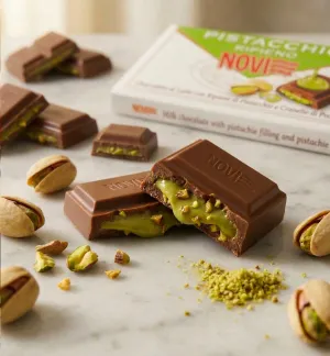 Novi jemná mliečna čokoláda s pistáciovou náplňou a sekanými pistáciami 105g