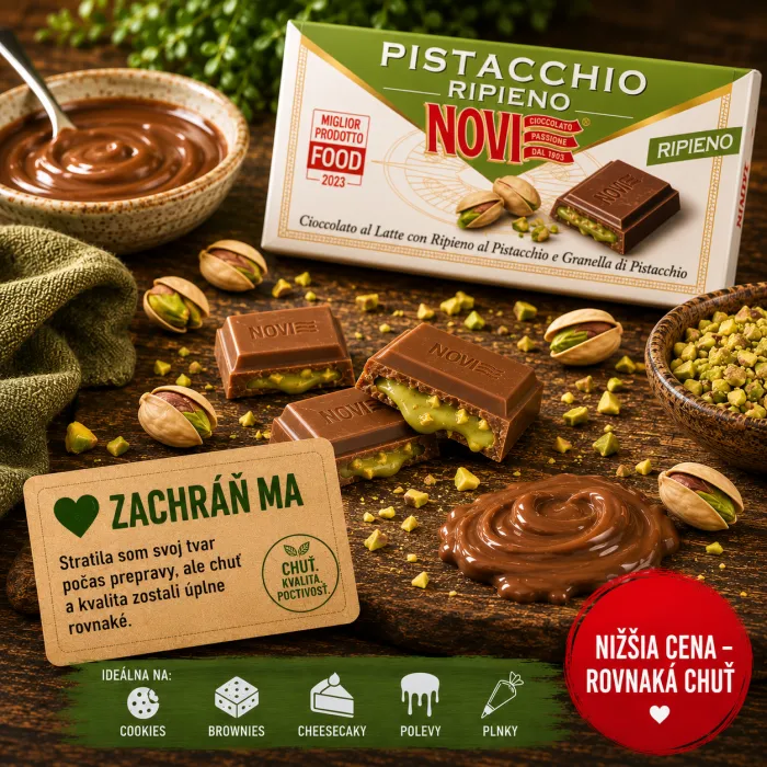 ZACHRÁŇ MA Novi jemná mliečna čokoláda s pistáciovou náplňou a sekanými pistáciami 105g