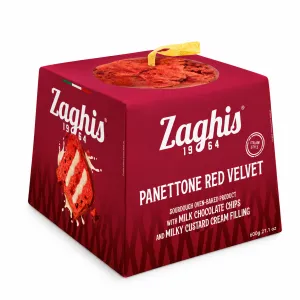 Zaghis Panettone Red Velvet s kúskami mliečnej čokolády a mliečnym krémom 600g