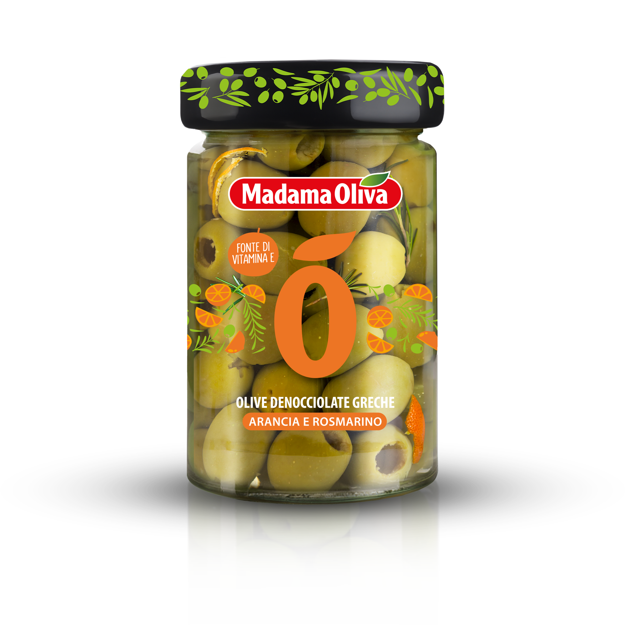 E-shop Madama Oliva zelené olivy bez kôstky s pomarančom a rozmarínom v slanom náleve 300g - 1ks