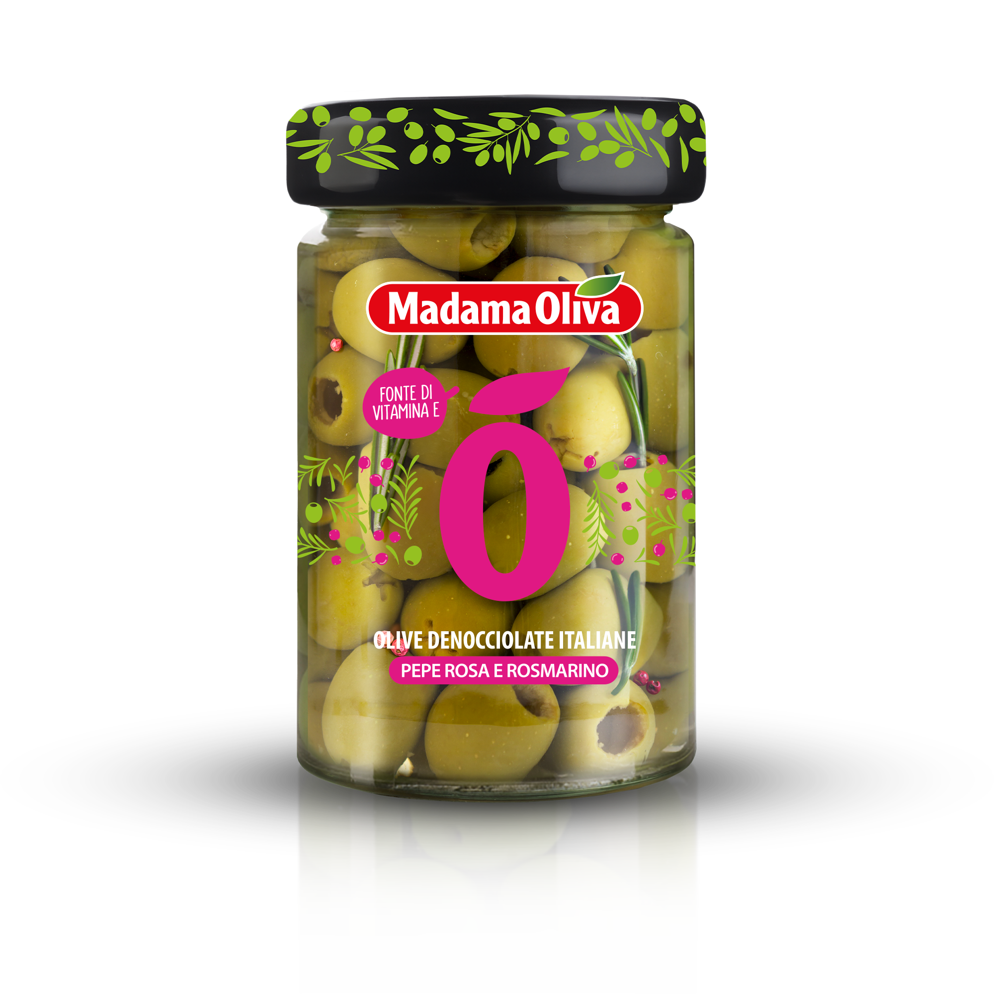 E-shop Madama Oliva zelené olivy bez kôstky s ružovým korením a rozmarínom v slanom náleve 300g - 1ks