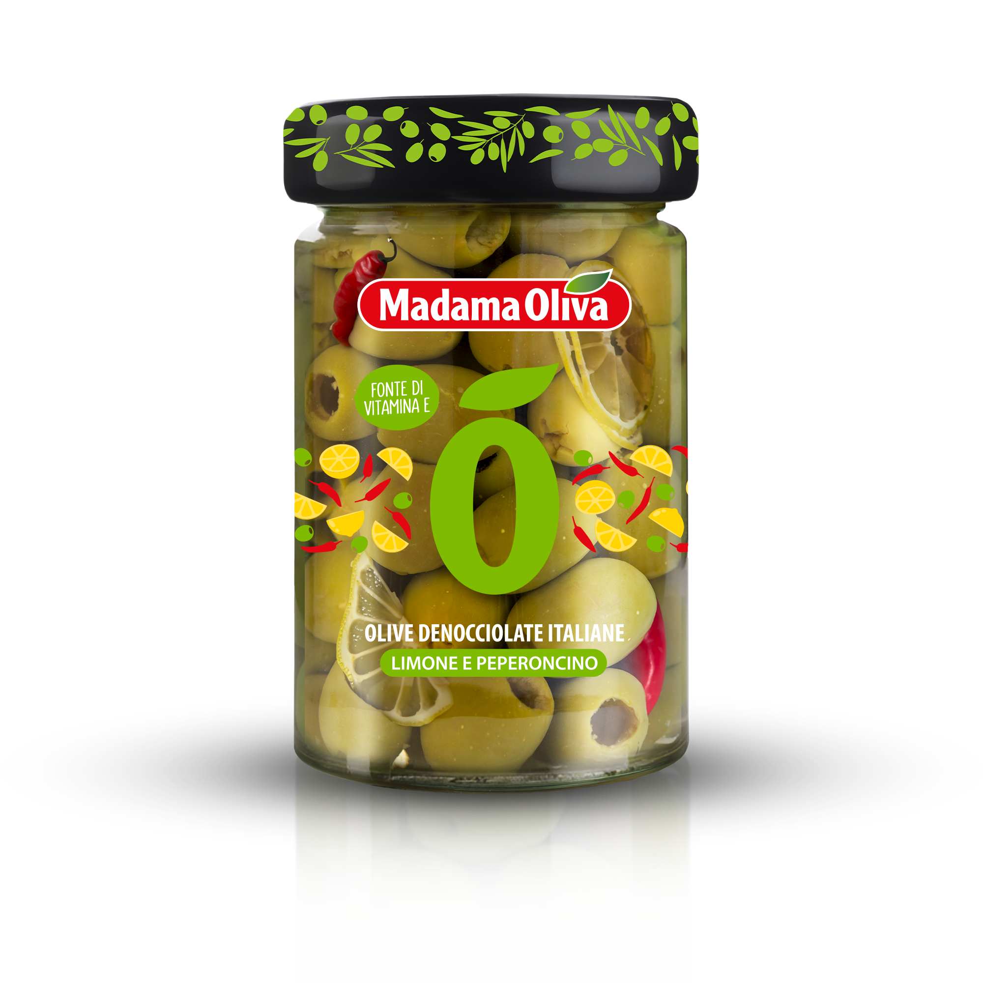 E-shop Madama Oliva zelené olivy bez kôstky s citrónom a čili papričkou v slanom náleve 300g - 1ks
