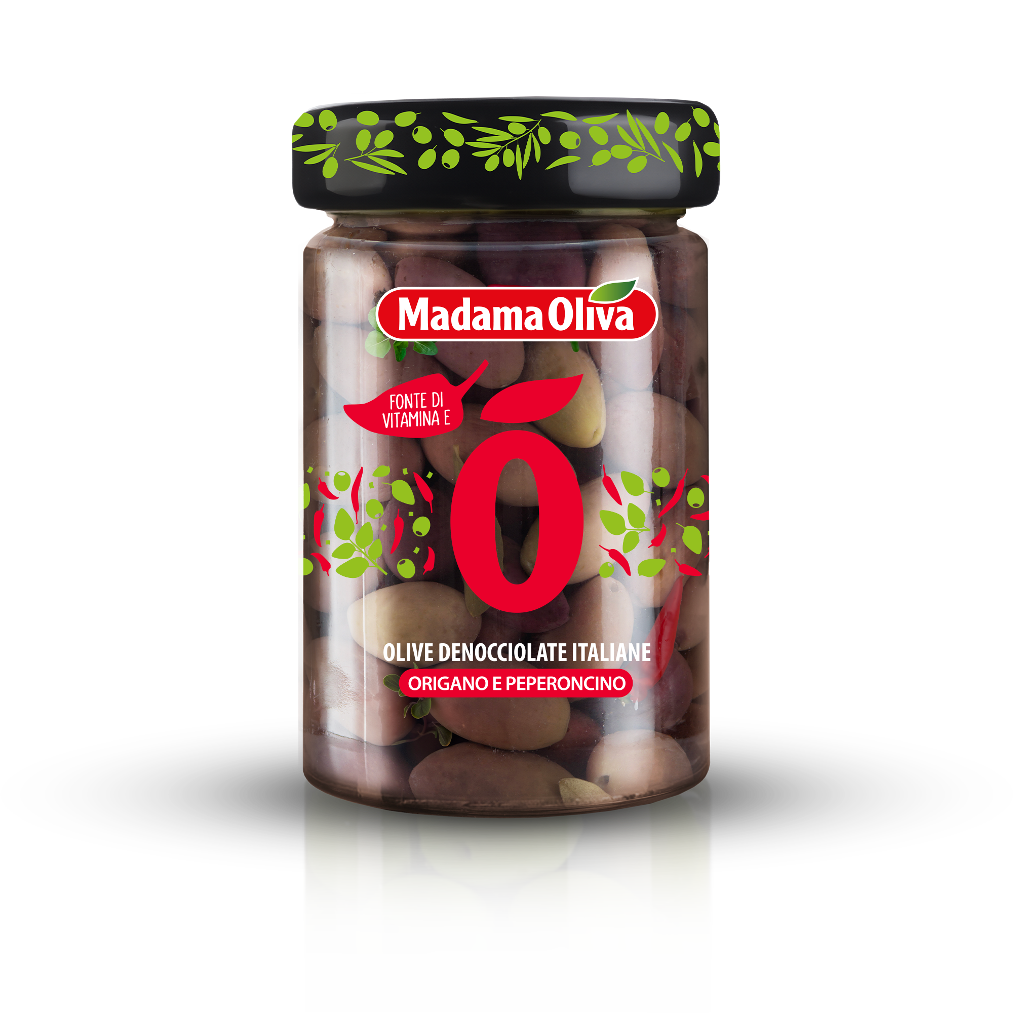 E-shop Madama Oliva čierne olivy bez kôstky s oreganom a čili papričkou v slanom náleve 300g - 1ks